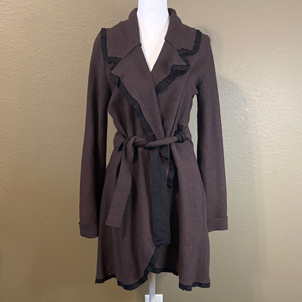 Brown Ruffled Belted Cardigan